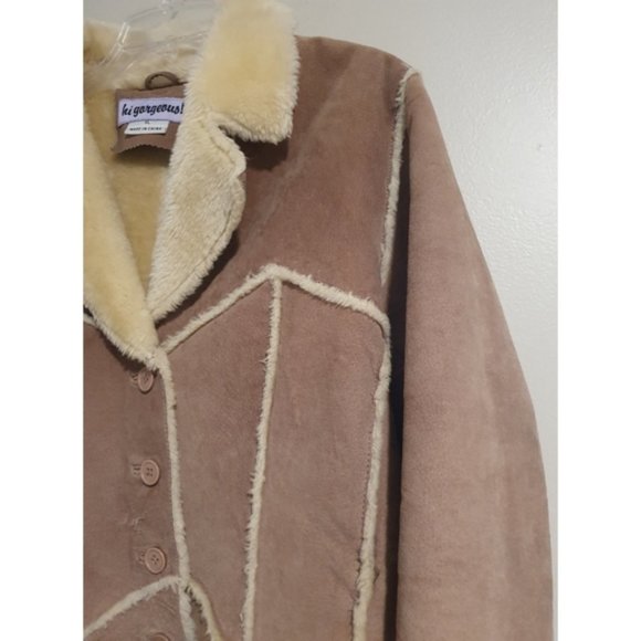 FINAL PRICE! Genuine Leather, Faux Fur Button Up Coat, Tan Light Brown, Size XL - Picture 6 of 8